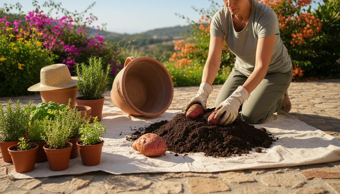 A gardener gently unearths sweet potatoes from soil spread on a patio tarp, with an empty pot nearby.