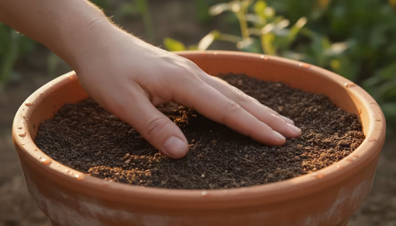 Close-up of a gardener's ungloved hand gently pressing a thin layer of fresh potting mix over seeds in a terracotta container.