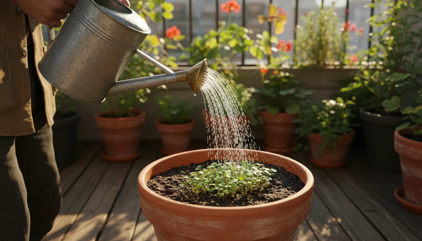 Gardener uses a watering can with a fine rose attachment to gently water delicate radish seedlings in a terracotta pot on a sunny balcony.