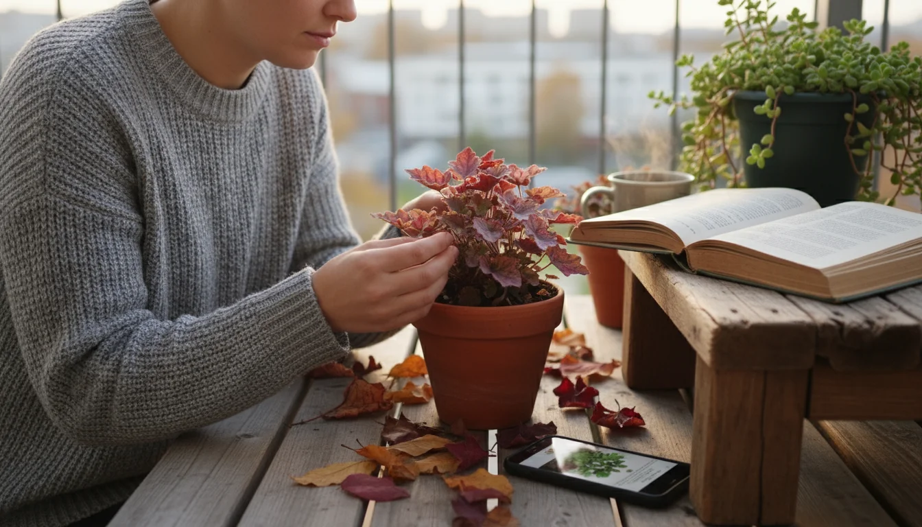 A gardener in a warm sweater carefully checks a container plant on a small balcony, with an open gardening book and smartphone nearby.