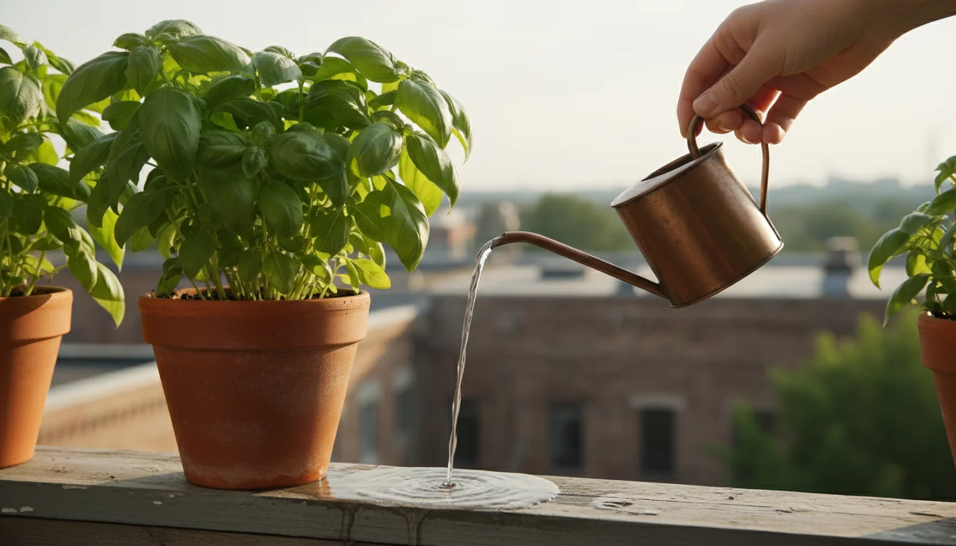 Close-up of a gardener watering a basil plant in a terracotta pot on a balcony, with water draining from the pot's bottom.