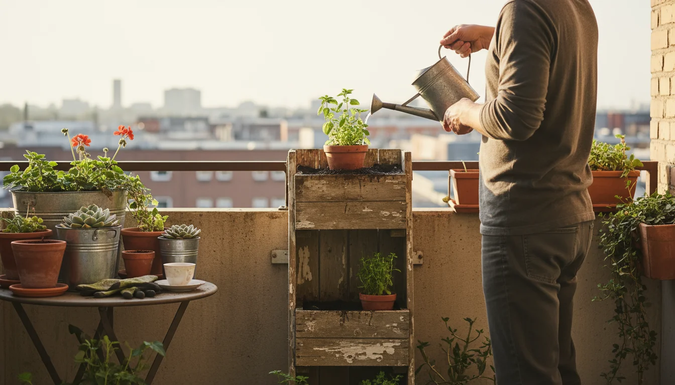 Gardener watering a tiered vertical planter on a balcony, the water visibly soaking into the soil of a potted herb.