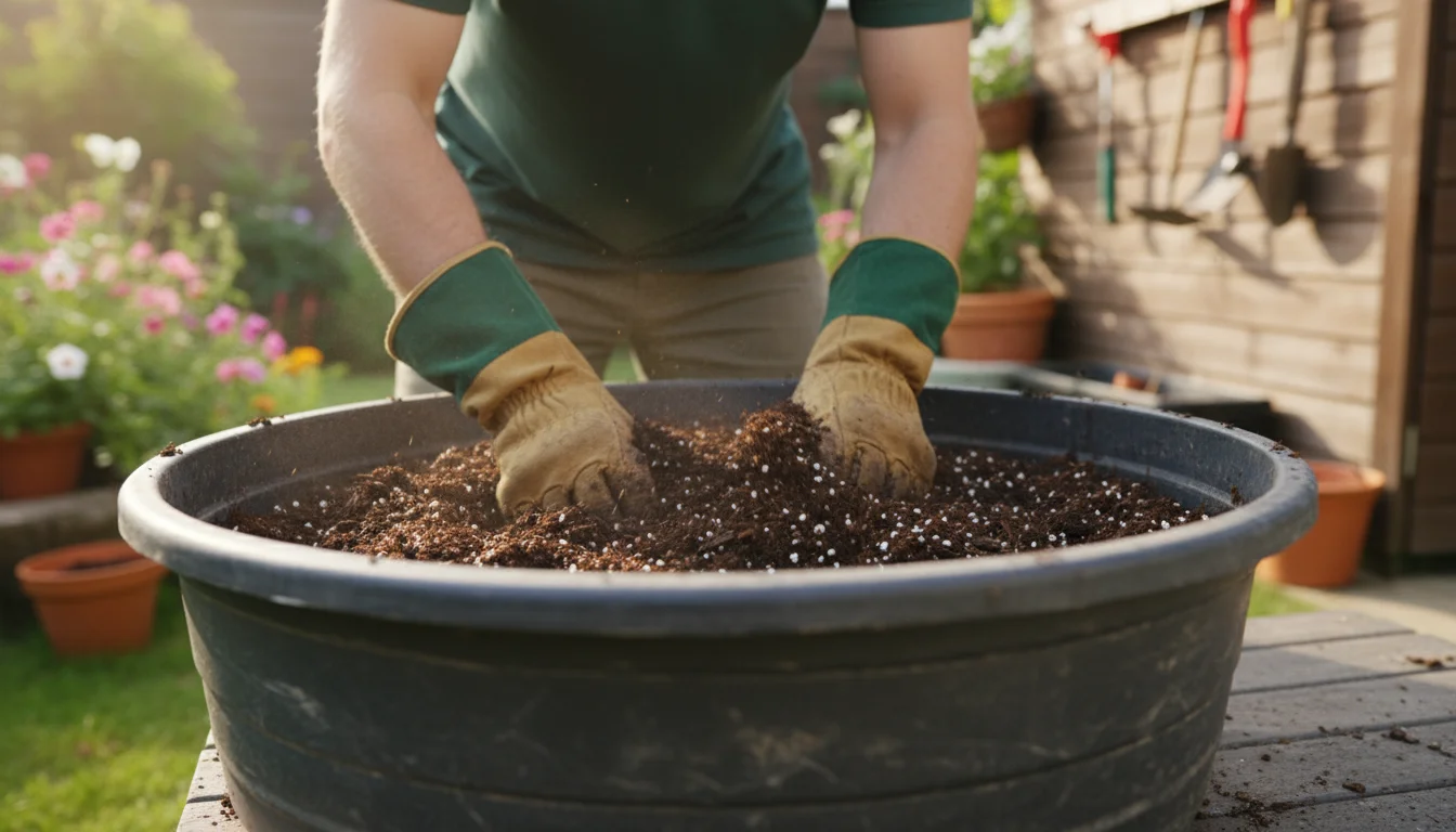 Gardener wearing gloves thoroughly mixes dark potting soil with visible white perlite and brown compost in a wide, flexible tub on a sunny patio.