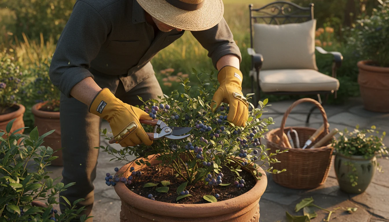 A gardener wearing tan goatskin pruning gloves carefully prunes a compact berry bush in a large terracotta pot on a sunlit patio.