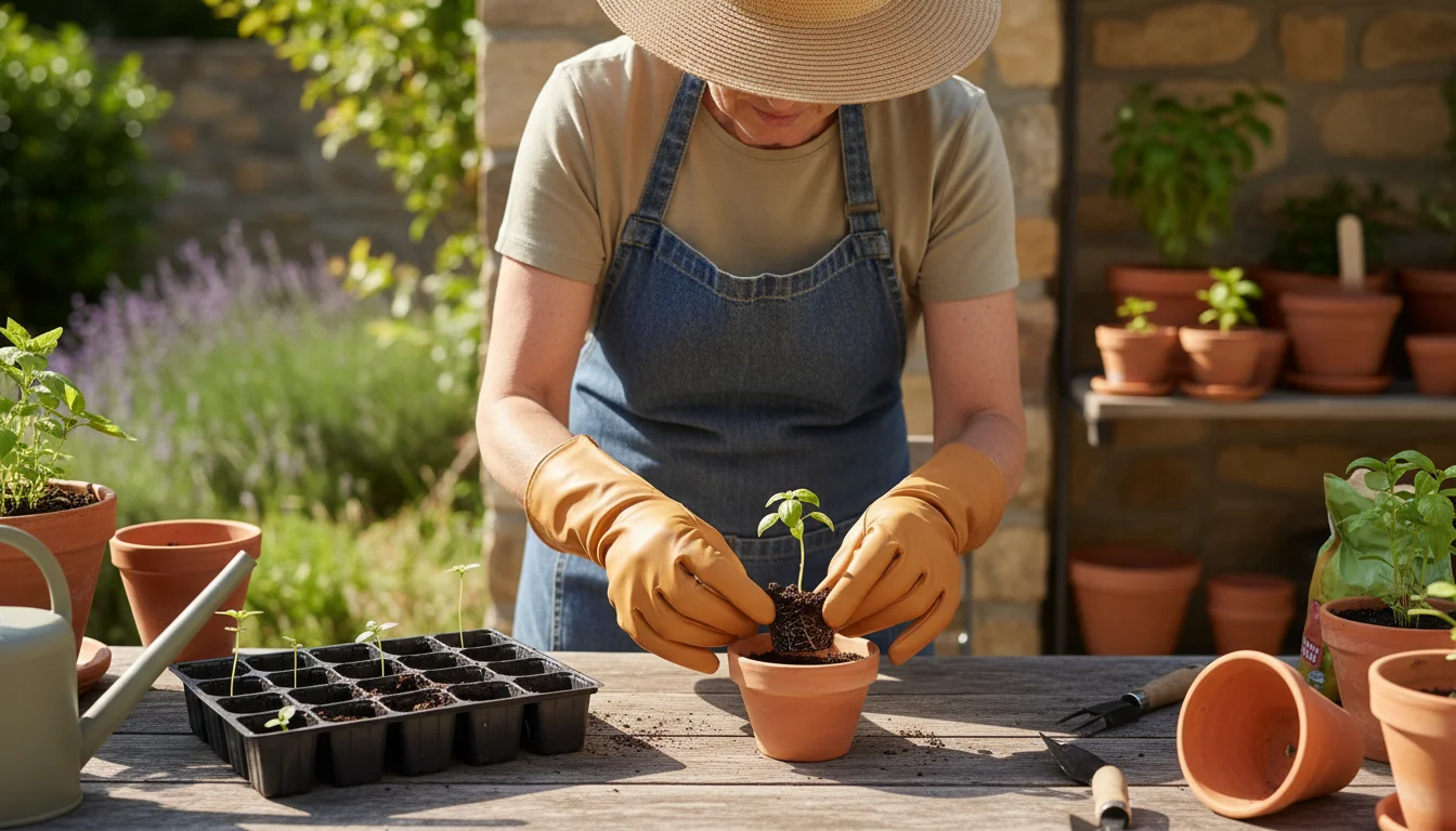 Gardener in well-fitting gloves delicately transplants an herb seedling into a pot on a sunny patio table, demonstrating precision.