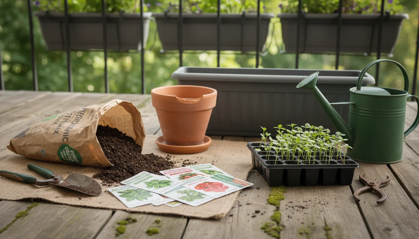 Gardening essentials on a balcony: potting mix, empty pots, seed packets, herb seedlings, trowel, pruners, watering can.