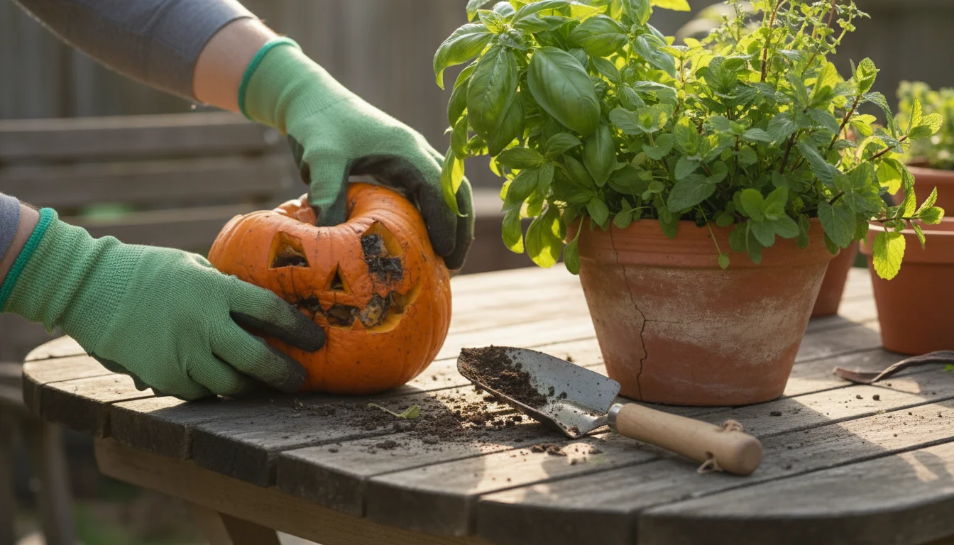 Gardening gloved hands breaking down a deflated jack-o'-lantern on a patio table next to a healthy potted herb plant and a jar of compost.