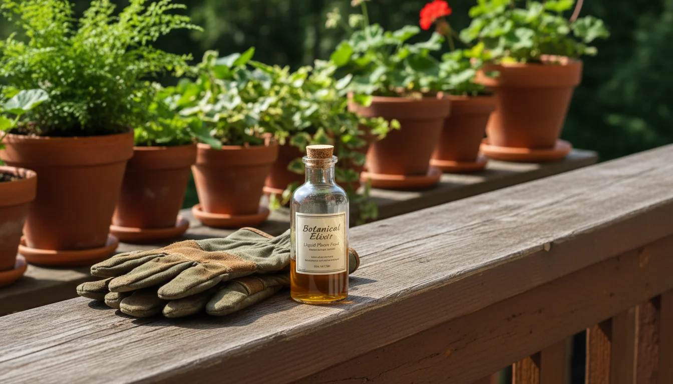 Gardening gloves and a bottle of liquid plant food resting on a wooden balcony railing next to vibrant container plants, with water subtly draining fr