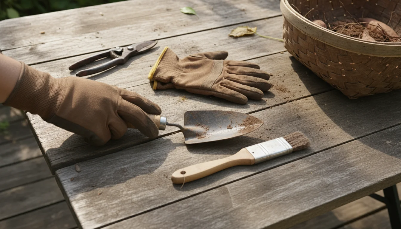 Gardening gloves, a small trowel, pruning shears, and a soft brush arranged on a wooden table, with a hand reaching for a tool.