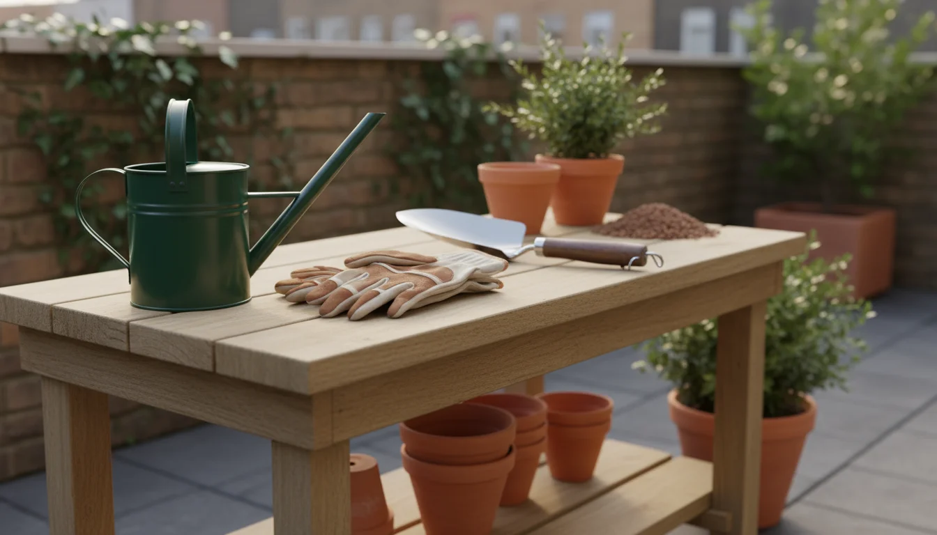 Gardening gloves, a small trowel, a watering can, and drainage pebbles neatly arranged on a wooden potting bench on a patio.