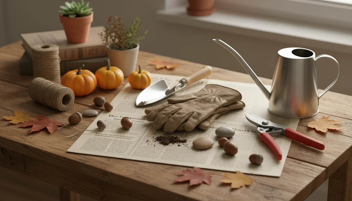 Gardening gloves, trowel, pruners, watering can, mini pumpkins, pinecones, and pebbles laid out on newspaper on a wooden table.
