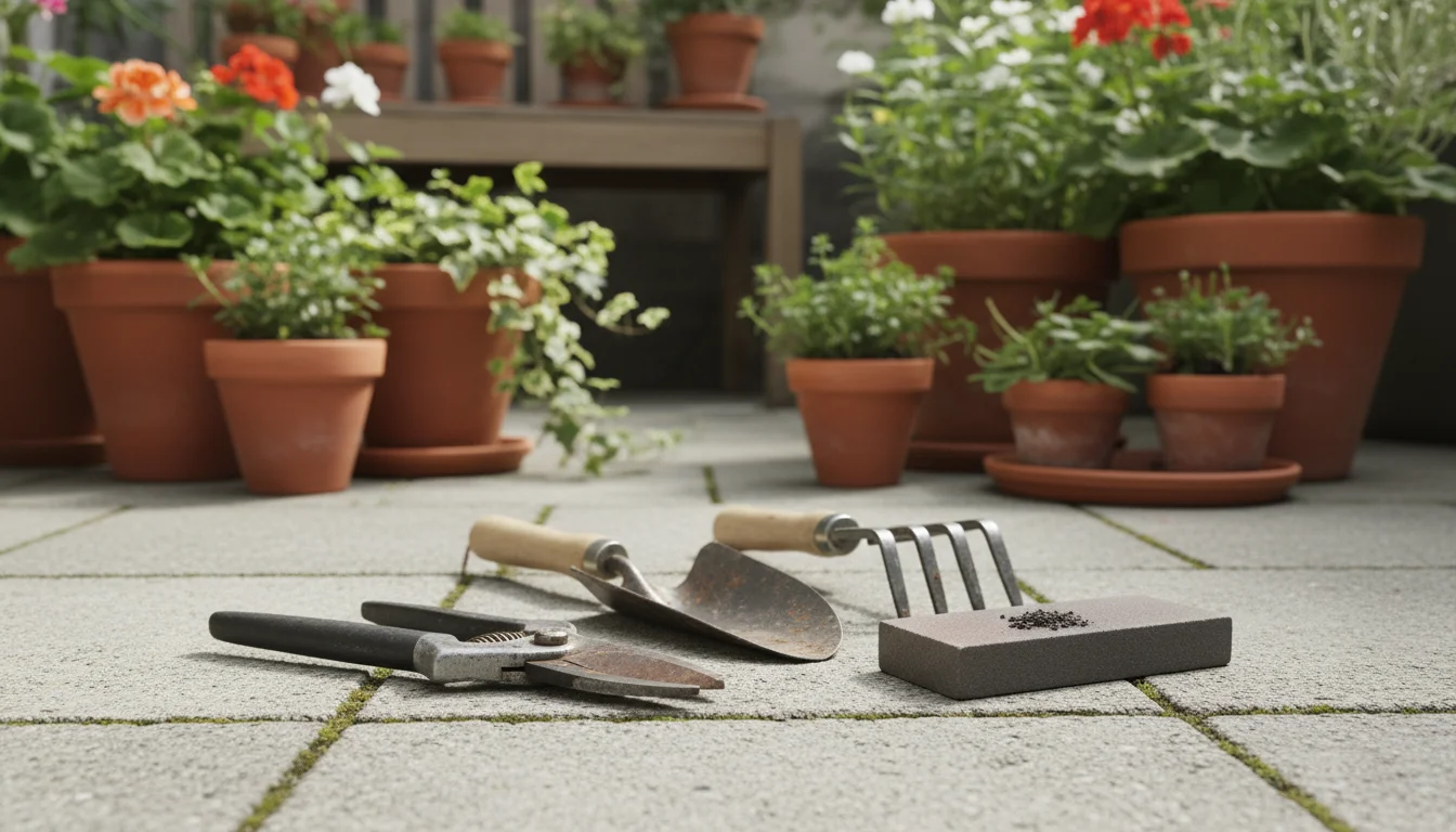 Gardening hand tools (pruners, trowel, cultivator) spread on a patio paver. Pruners show minor wear, a sharpening stone is nearby.