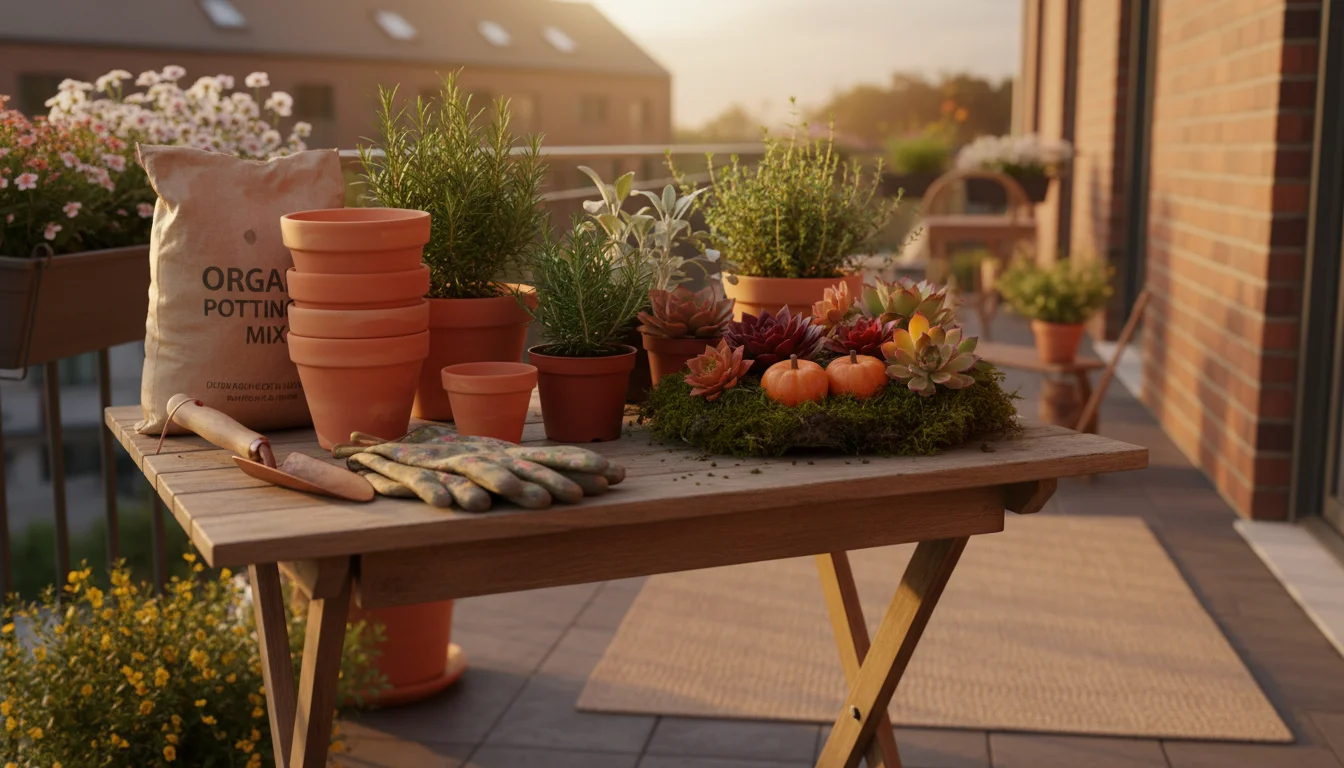 Gardening supplies, including terracotta pots, potting mix, a trowel, gloves, small potted herbs, and succulents, arranged on a wooden table on a balc