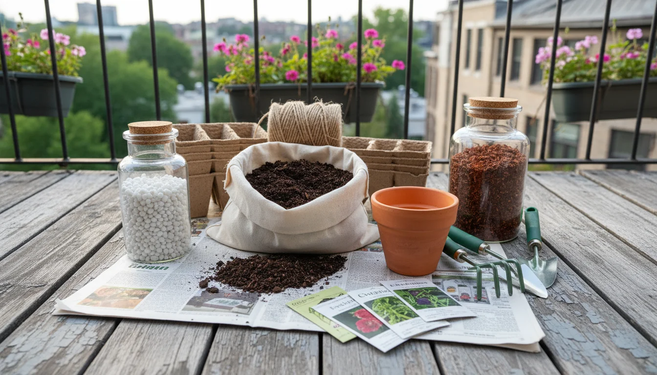 Gardening supplies on newspaper: potting mix, perlite, pine bark fines, new terracotta pot, pumice. Balcony floor visible.