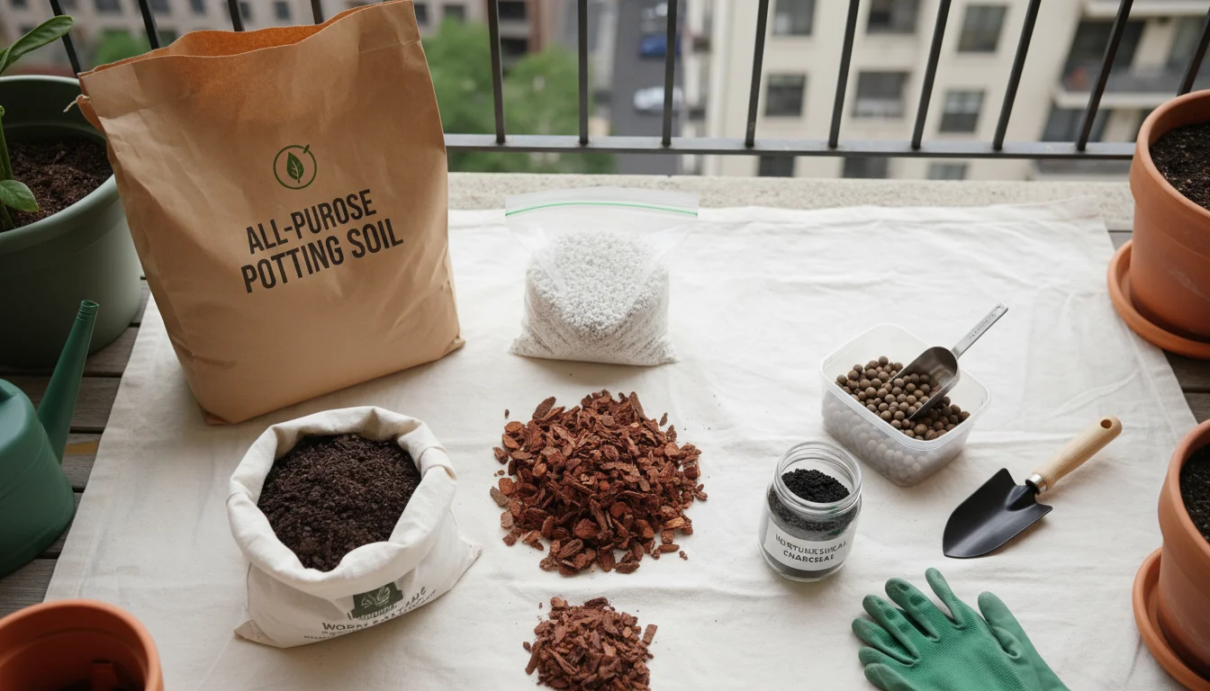 Overhead view of gardening supplies: potting soil, perlite, compost, coco coir (brick and fluffed), trowel, and gloves, neatly arranged on a balcony t