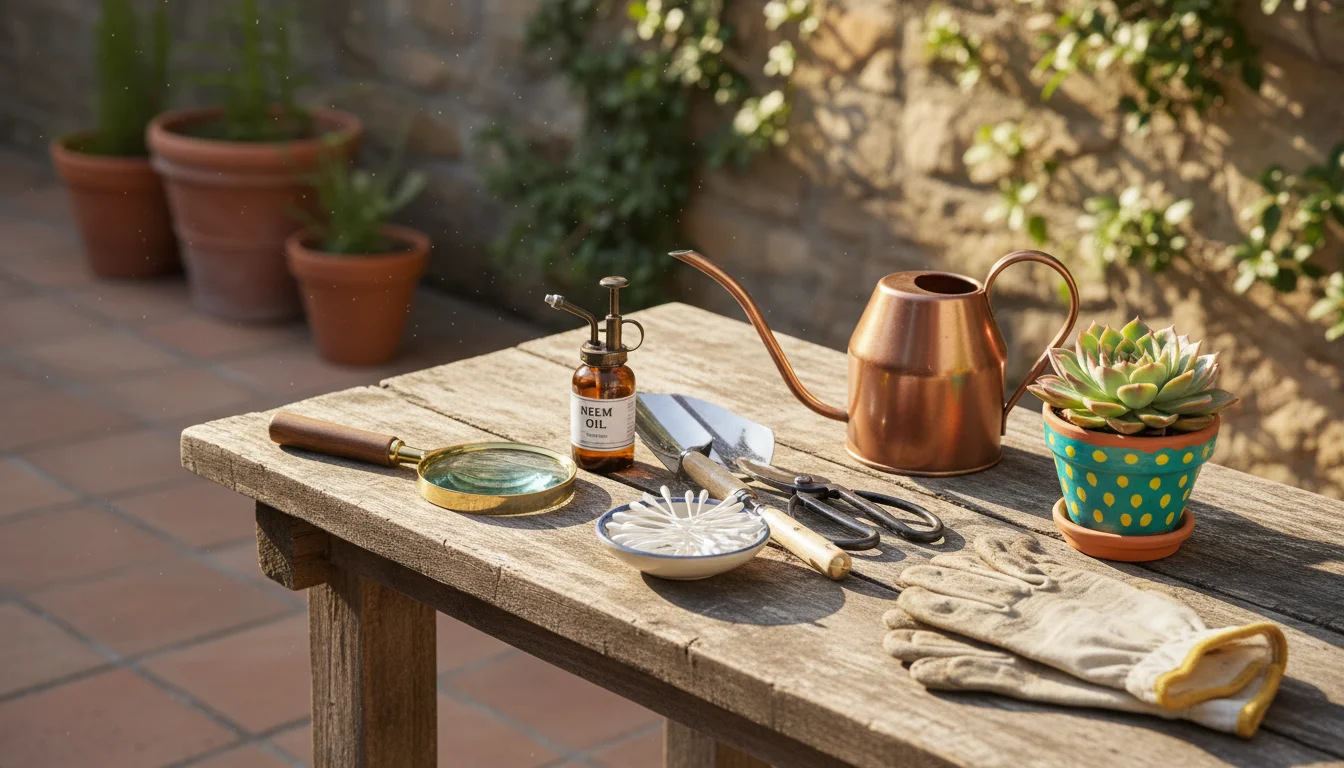 Gardening tools, including a magnifying glass, neem oil, shears, trowel, and watering can, on a wooden potting bench.