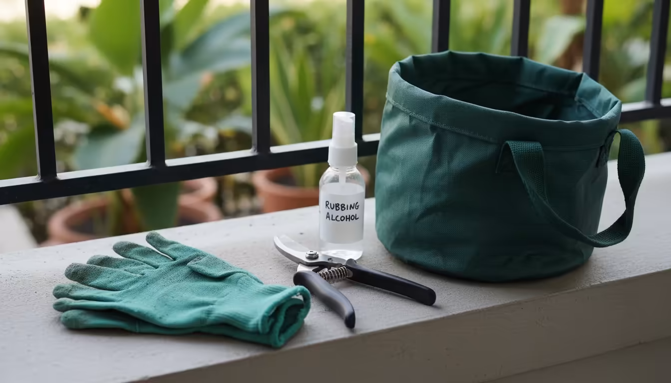 Gardening tools laid out on a balcony ledge: green gloves, sharp pruning shears, alcohol spray, and a canvas debris bag.