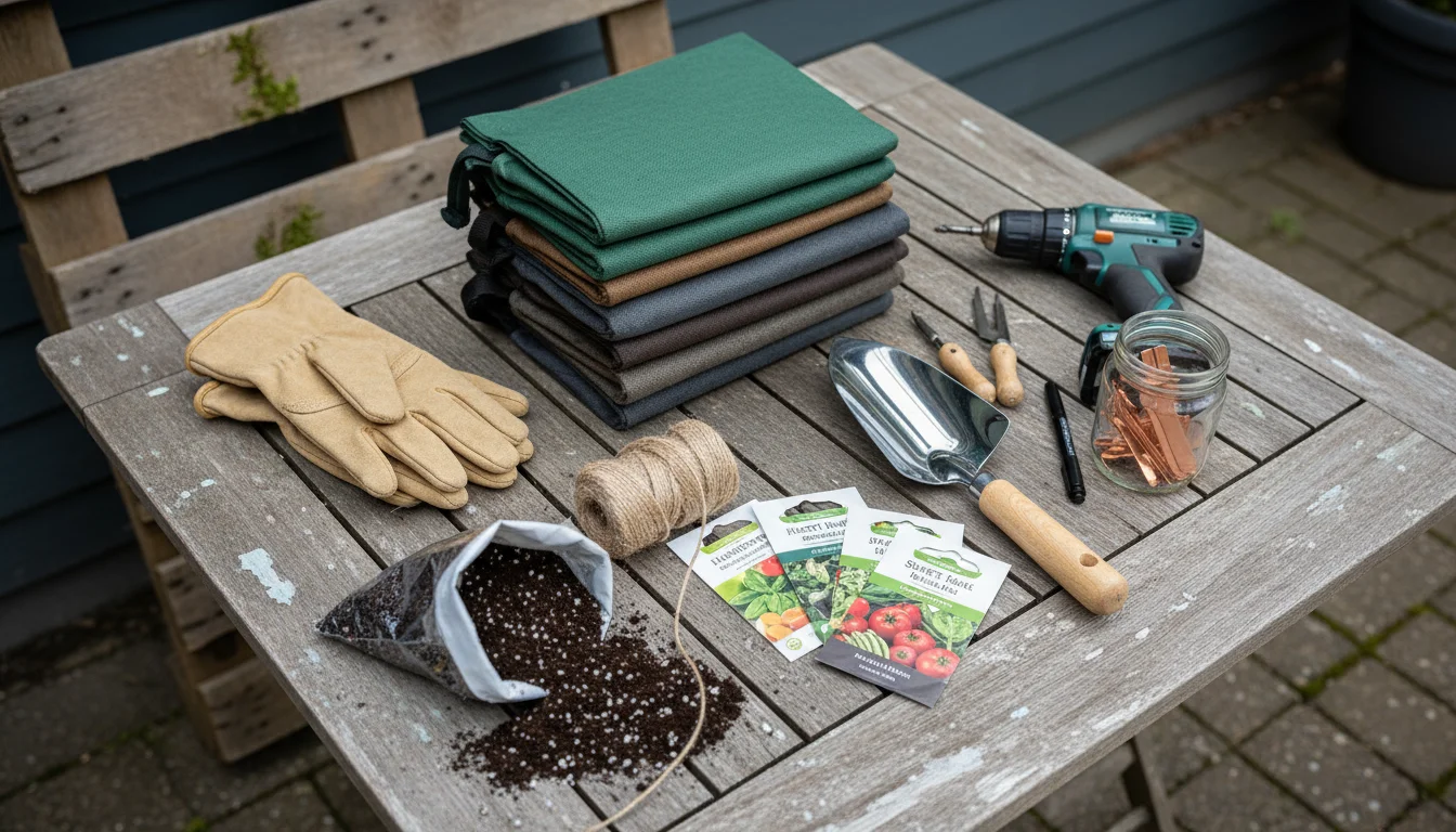 Overhead view of gardening tools and materials including fabric grow bags, hand trowel, potting mix, cordless drill, screws, and herb plants, neatly a