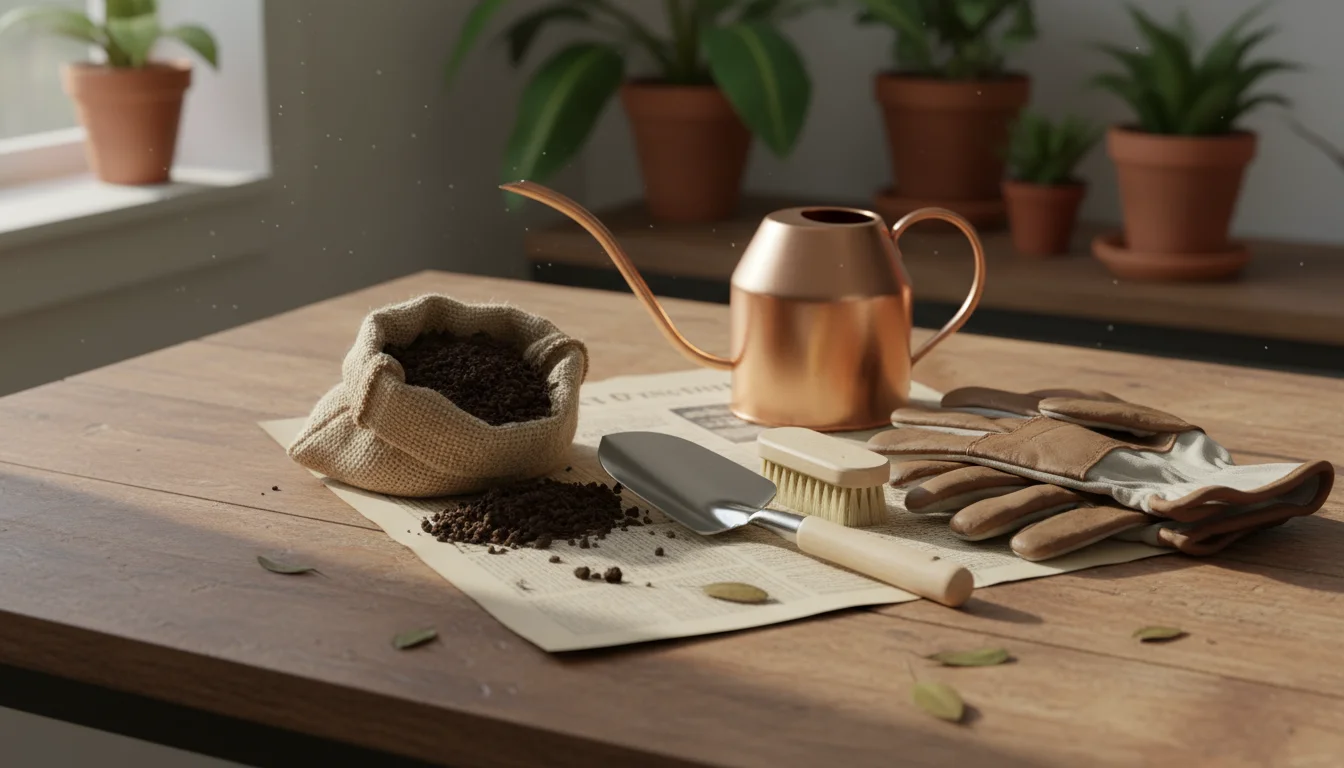 Gardening tools and materials like worm castings, trowel, brush, watering can, and gloves arranged on newspaper on a wooden table, with houseplants in