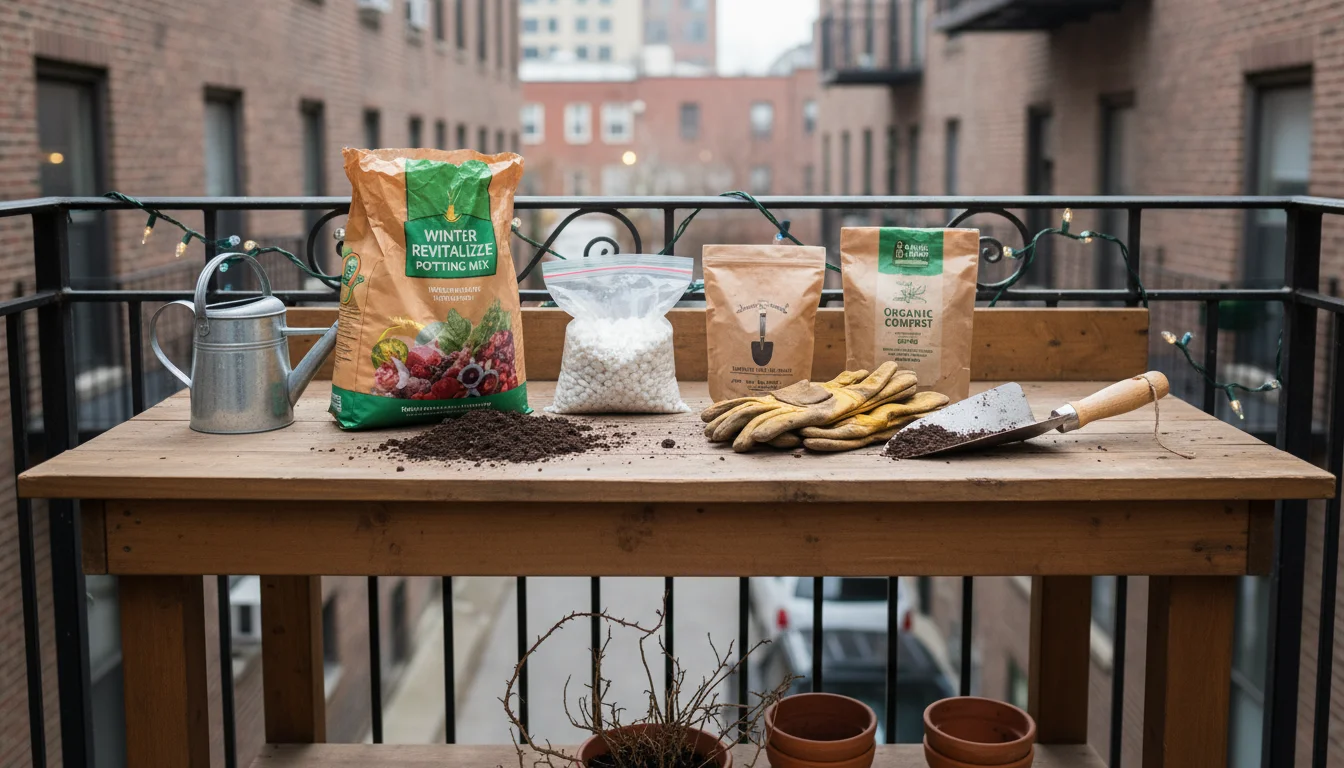 Gardening tools and supplies, including potting mix, perlite, compost, trowel, scoop, and gloves, arranged on a wooden potting bench.