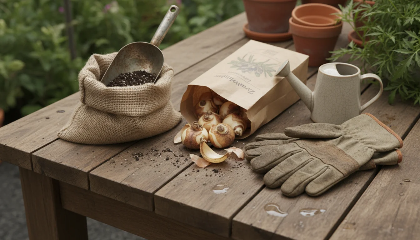 Gardening tools and supplies laid out on a wooden surface: potting mix, Paperwhite bulbs, two empty pots, gardening gloves, a scoop, and a small water