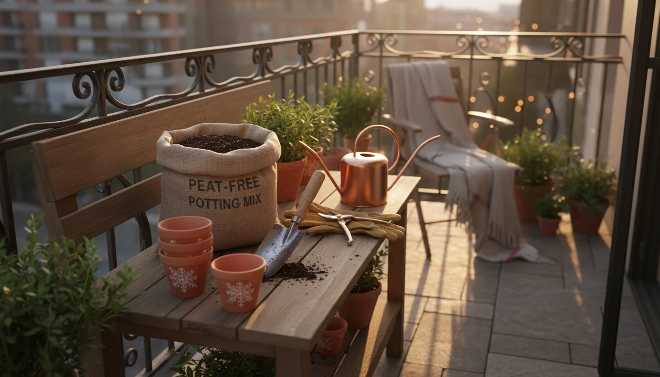 Gardening tools and supplies on a wooden potting bench. Items include peat-free potting mix, trowel, gloves, pruners, watering can, and empty terracot