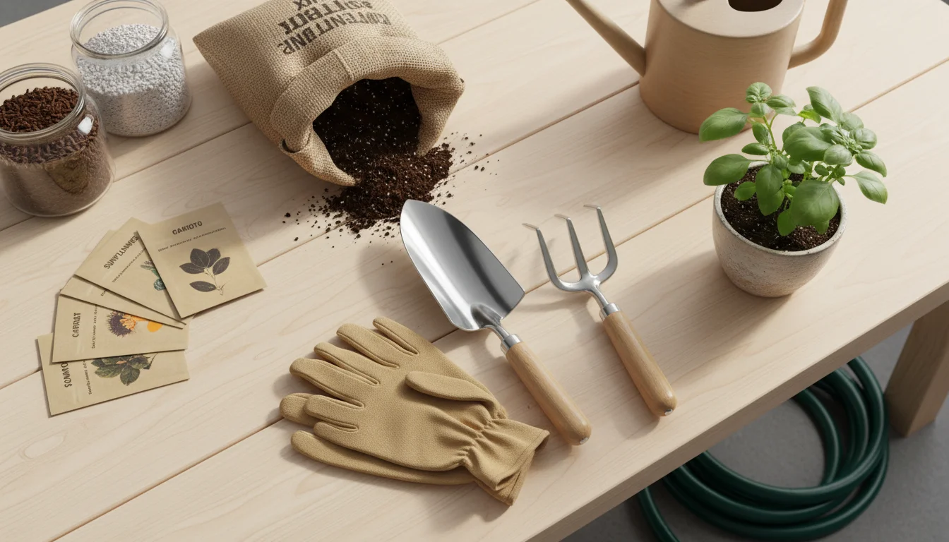 Gardening tools (trowel, cultivator, gloves, scoop) and soil amendments (perlite, worm castings, fertilizer) neatly arranged on a potting bench.