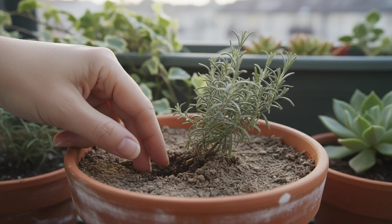 A gender-neutral hand checks the dry soil of a potted rosemary plant on a balcony, surrounded by other containers.