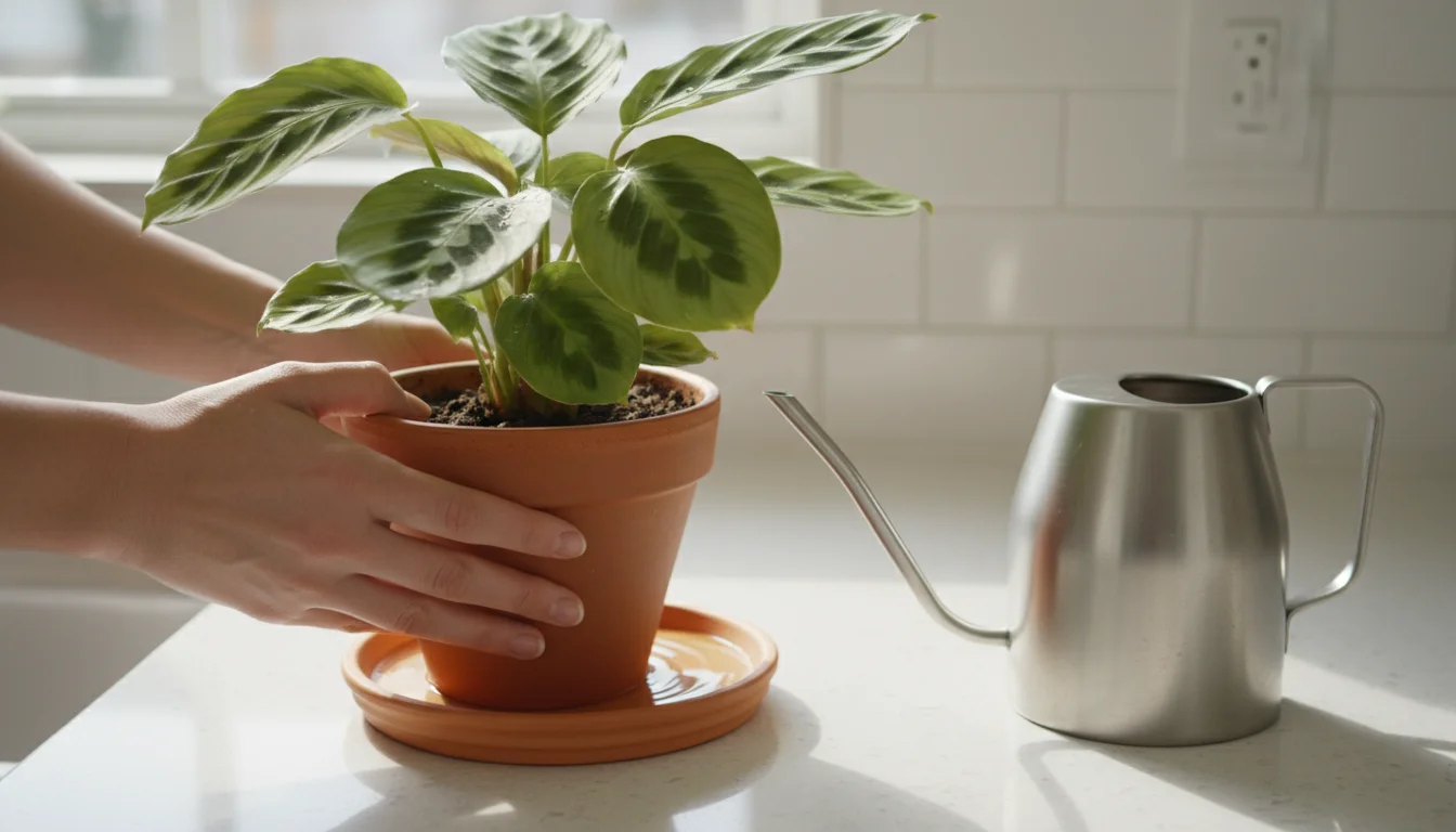 Gender-neutral hands lifting a terracotta pot with a prayer plant from a saucer containing drained water on a sunlit counter.