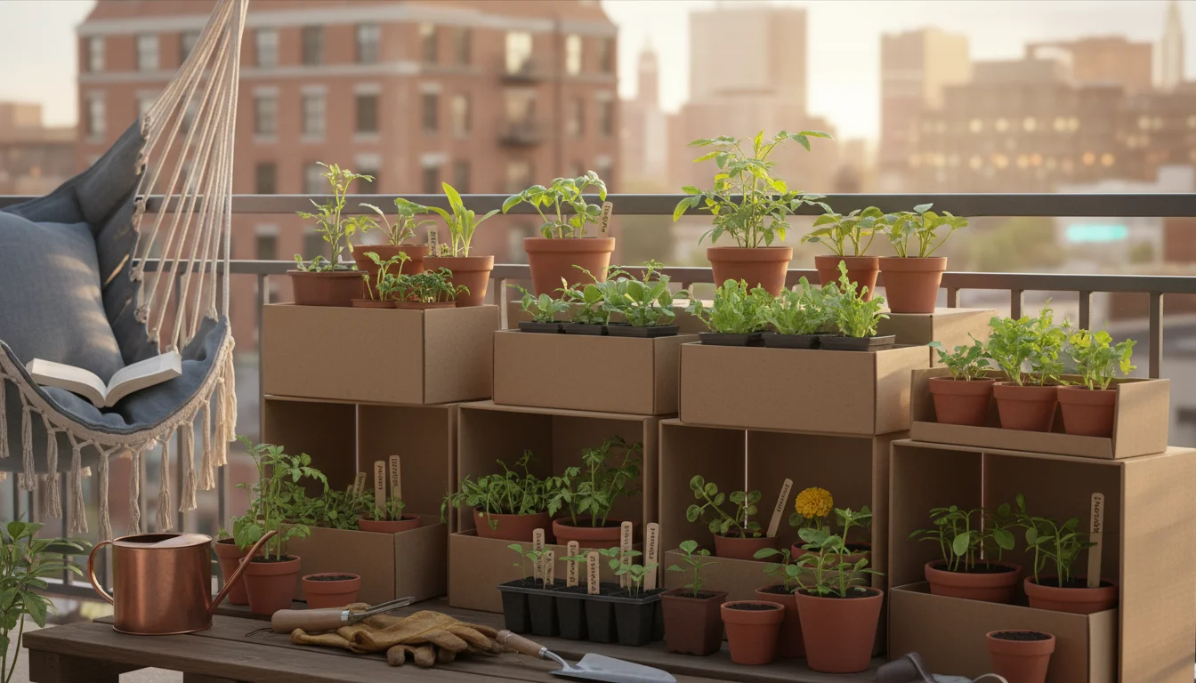 A gentle hand adjusts a cardboard box sheltering vibrant young seedlings in various pots and trays on an urban balcony, bathed in soft afternoon light