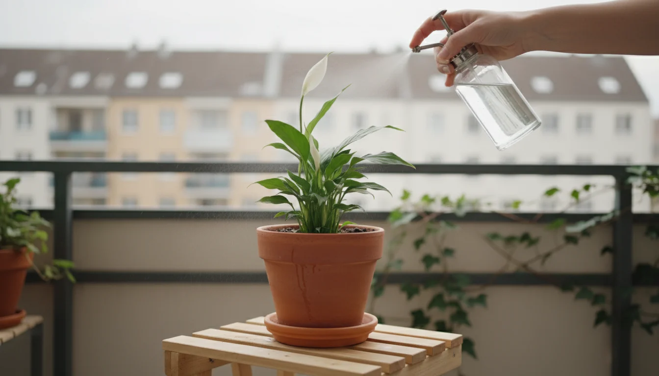 A gentle hand delicately mists a fragile peace lily, newly repotted in a terracotta pot on a small urban balcony.