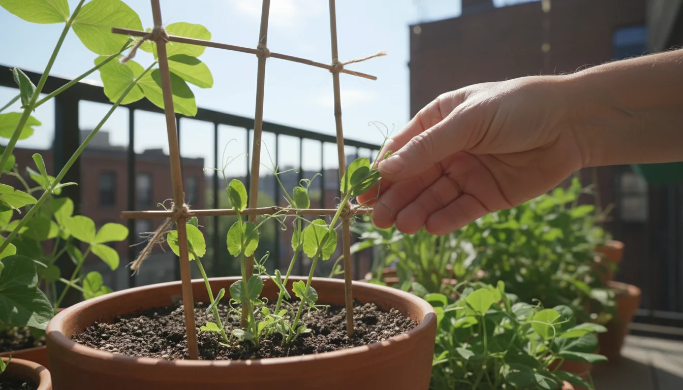 Gentle hand guides a young sugar snap pea tendril onto a DIY balcony trellis, emerging from a terracotta pot on a sunny balcony.