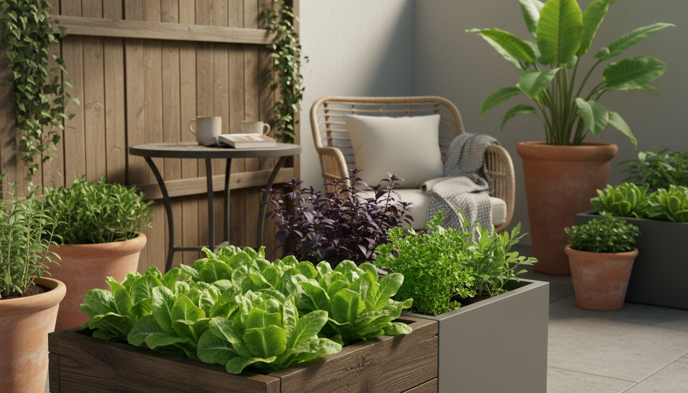 A hand harvests lettuce from a terracotta pot amidst other container-grown leafy greens and radish plants on a patio.