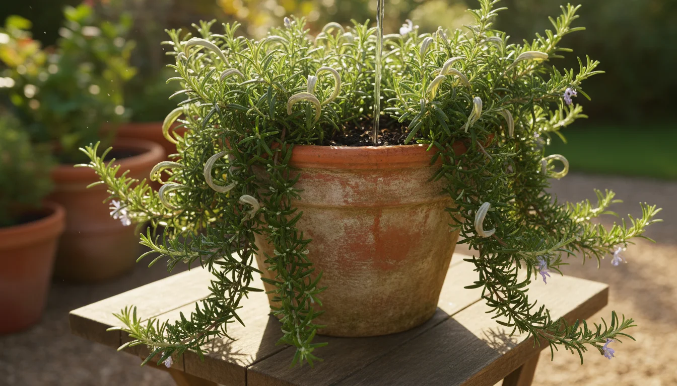 A gentle hand harvests sprigs from a prostrate rosemary plant, its dark green leaves with silvery undersides cascading from a terracotta pot on a pati