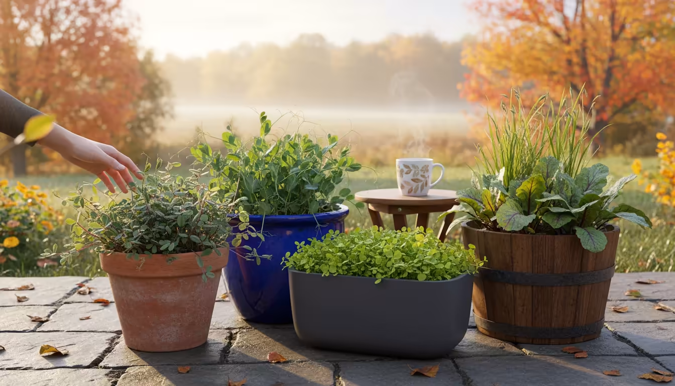 A gentle hand inspects young cover crops like hairy vetch, field peas, and oats growing in diverse containers on a small, bright patio.