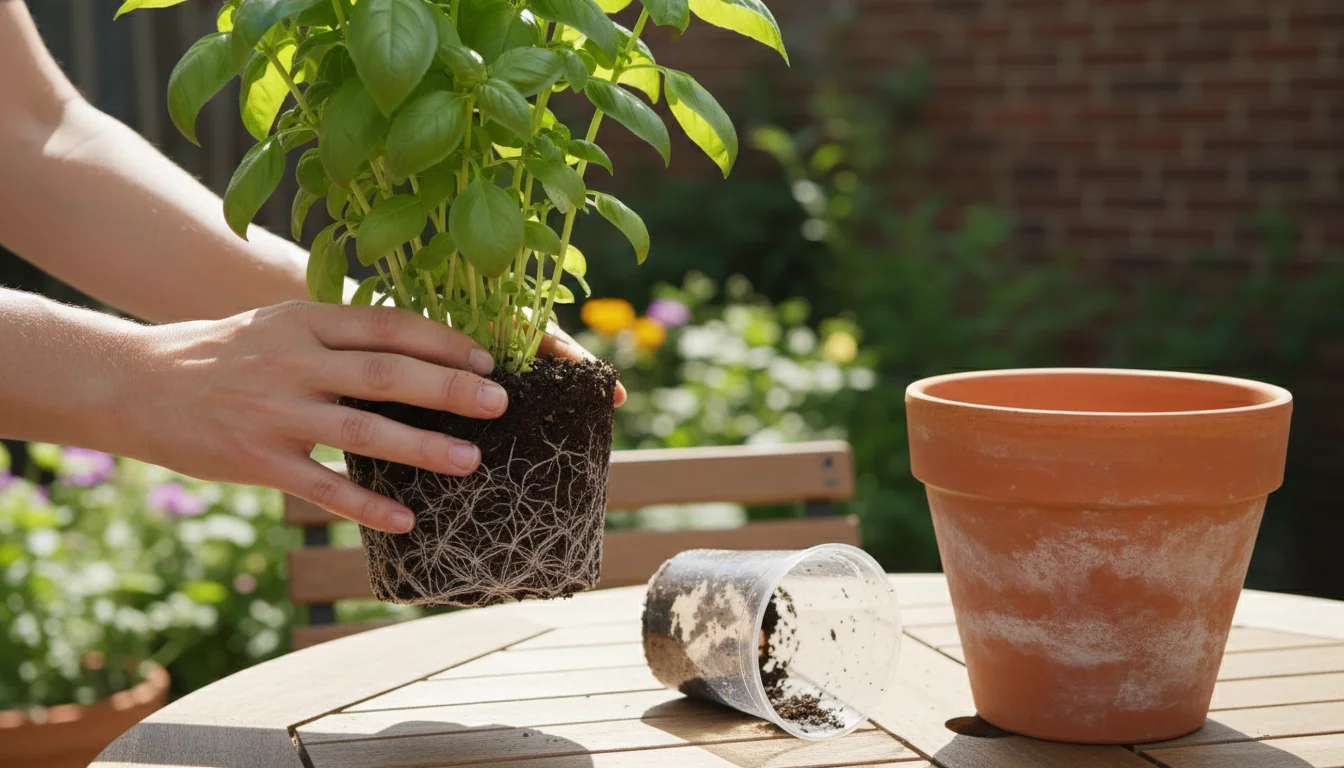 Gentle hands hold a basil plant with a clearly visible, dense, root-bound ball, recently removed from its small plastic grocery pot on a patio table.