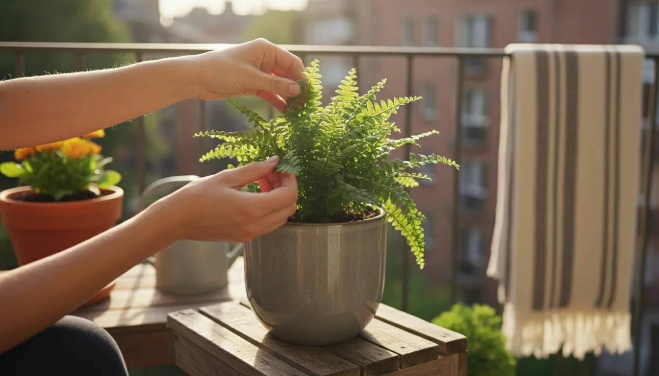 Gentle hands inspect a Boston fern leaf for pests on a sunny urban balcony, with a pet-safe spray bottle nearby and a small dog resting in the backgro