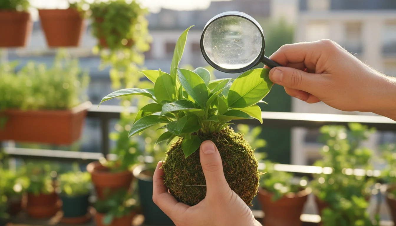 Gentle hands carefully inspect the underside of a Kokedama's green leaves for pests on a sunny balcony.