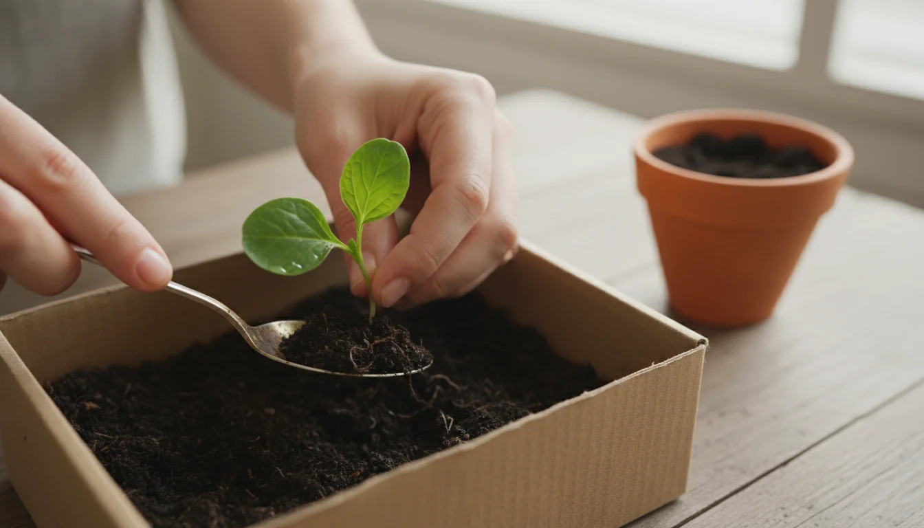 Close-up of gentle hands carefully lifting a small green seedling with a spoon from a cardboard shoebox, moving it to a terracotta pot.