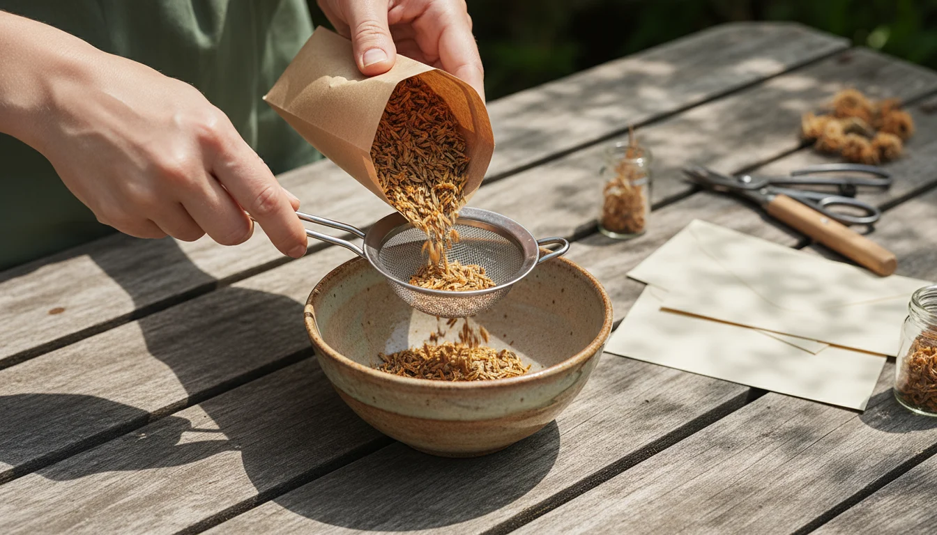 Gentle hands sift dried calendula seeds through a kitchen sieve into a bowl, surrounded by simple seed-saving tools on a wooden bench.