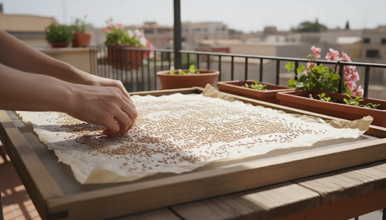 Gentle hands carefully spread small, light brown seeds thinly on parchment paper on a rustic balcony table, preparing them for thorough drying.