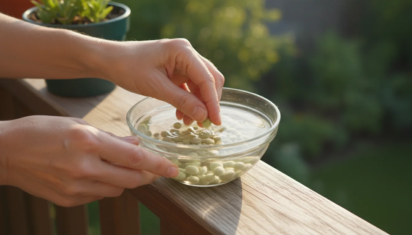 Gentle hands subtly swirl sugar snap pea seeds soaking in a clear glass bowl on a sunlit, light-colored wooden balcony table.