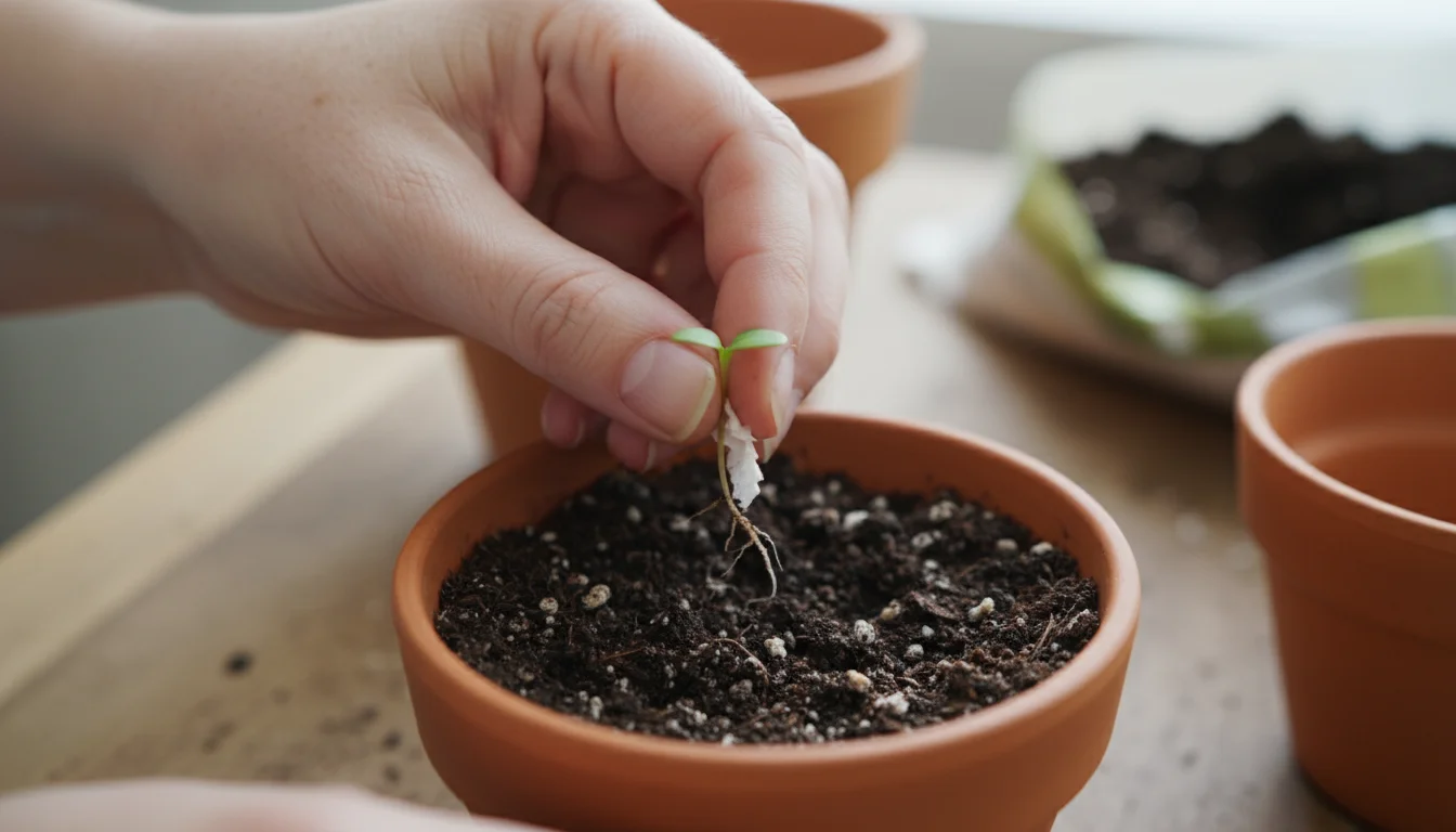 Gentle hands use tweezers to carefully place a tiny sprout with a small piece of paper towel attached to its root into a small terracotta pot on a win