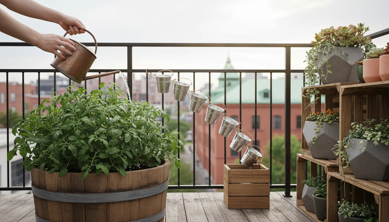 Gentle hands water a tomato plant in an upcycled whiskey barrel on a balcony with a DIY rainwater collection system.