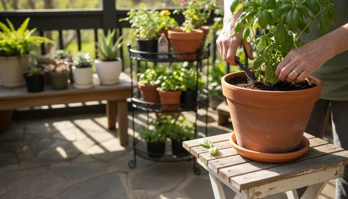 Elderly woman on a patio, gently admiring a thriving potted basil plant with a serene, satisfied smile.
