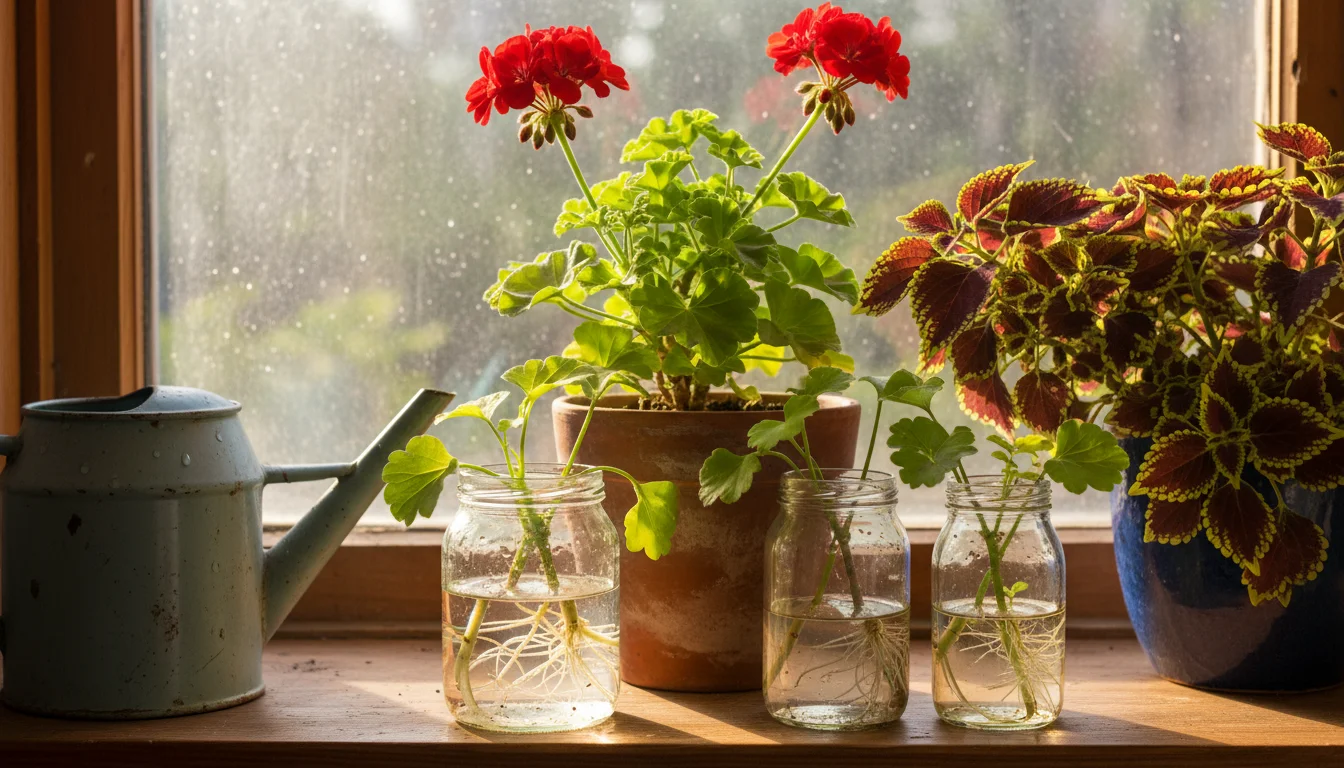 Geranium and coleus plants with newly rooted cuttings in glass jars on a sunlit windowsill.
