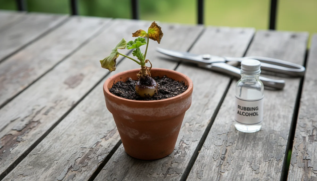 Close-up of a geranium cutting in a small terracotta pot with a mushy, dark stem from rot. Clean pruning snips and alcohol are blurred in the backgrou