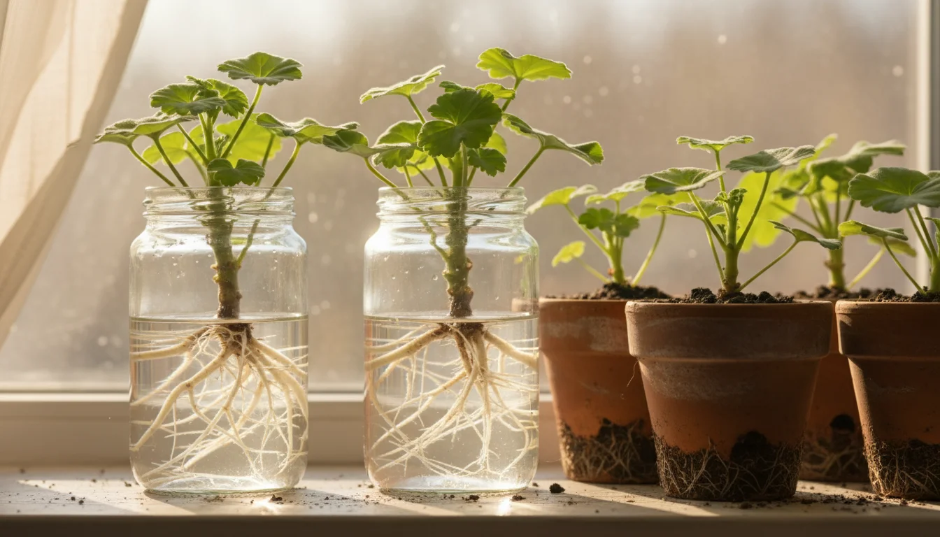 Close-up of geranium cuttings in jars and small pots on a windowsill, showing visible white roots.