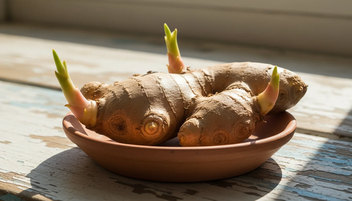 A ginger rhizome with vibrant green, pink-tipped sprouts, 1-2 inches long, emerging. It sits in a shallow terracotta saucer on a sunlit windowsill.