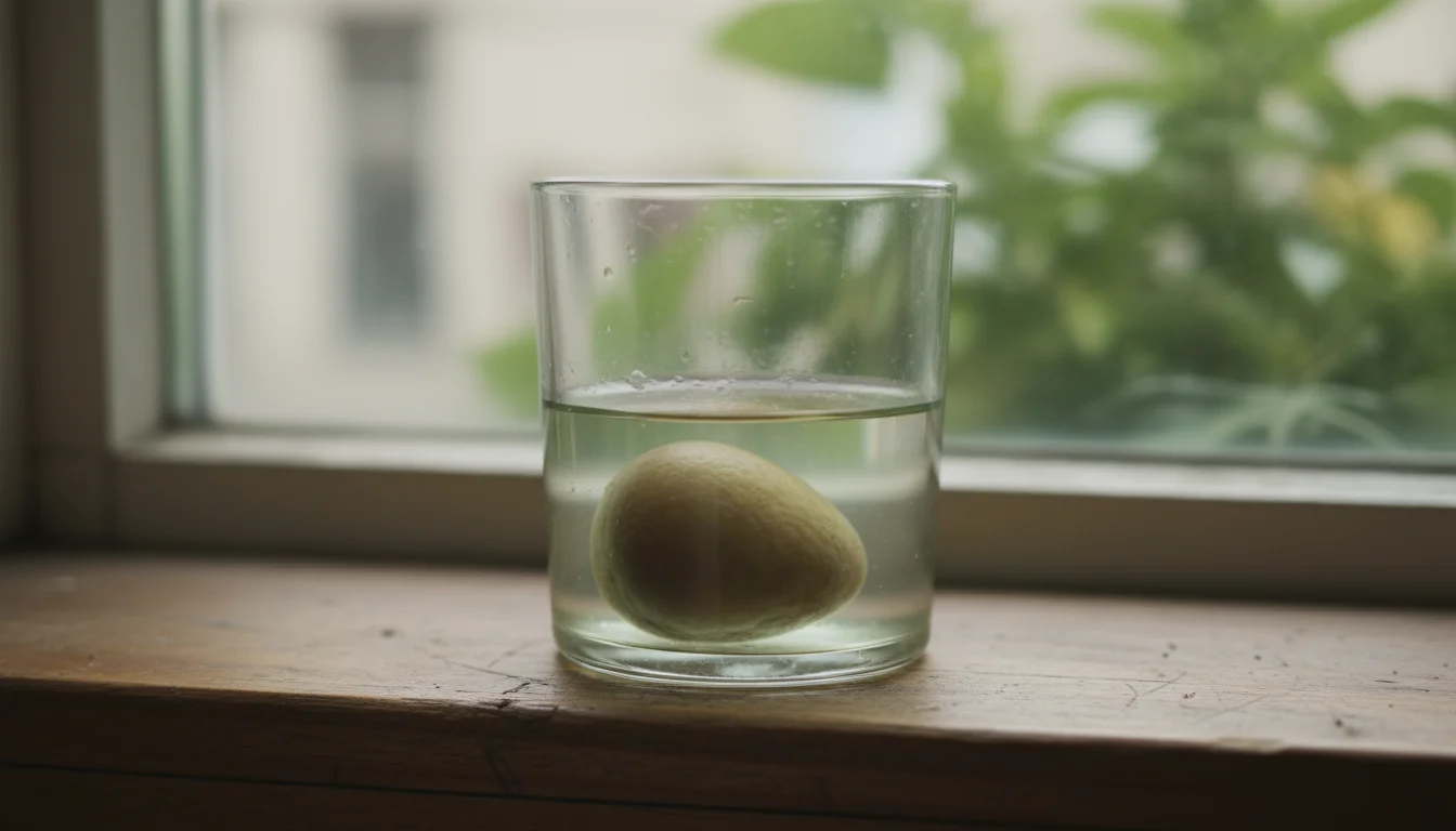 Clear glass with an avocado pit submerged in cloudy, green-tinged water, sitting on a weathered wooden windowsill.